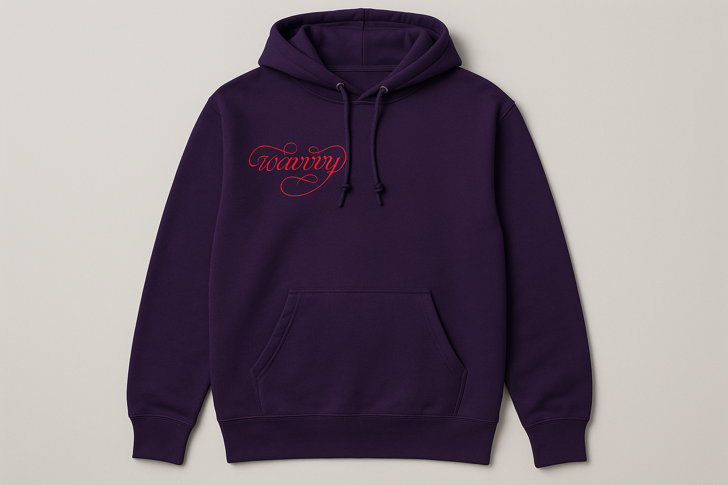 purple hoodie with red writing in top left hand corner of hoodie with wavvvy in fancy writing